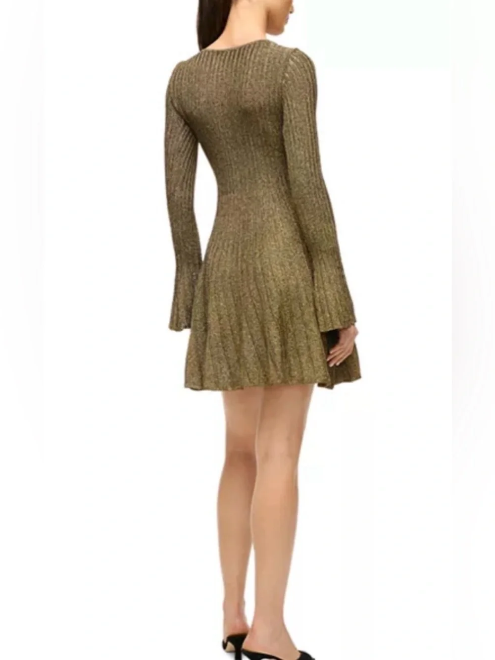 STAUD Metallic Olive Ribbed Long-Sleeve Scoop Dress - Picture 2 of 4